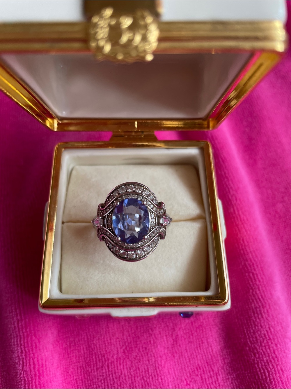 Vtg.925 Sterling silver Lab Created Blue Sapphire & Moissanite Ring CS